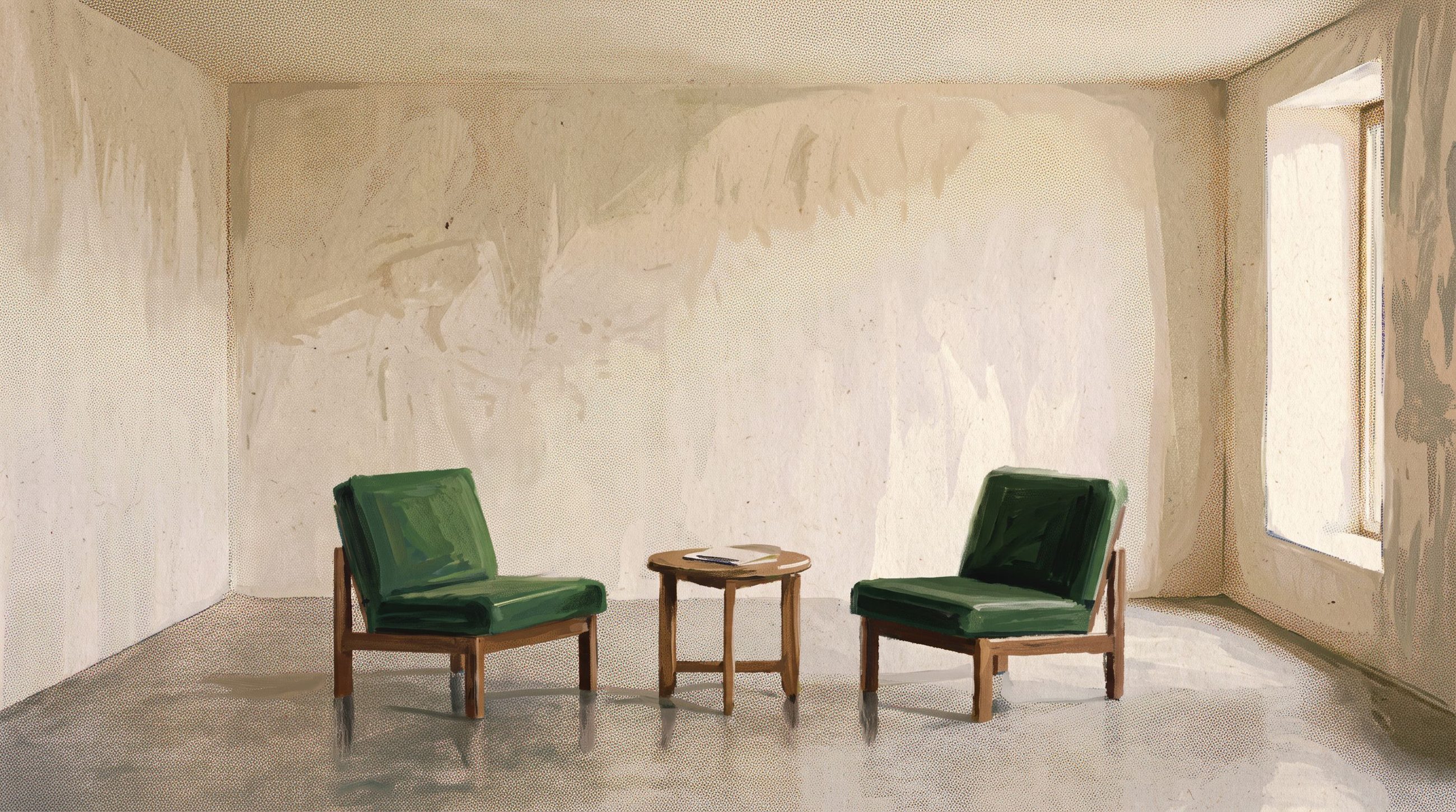 A painted plaster room with two green chairs facing each other