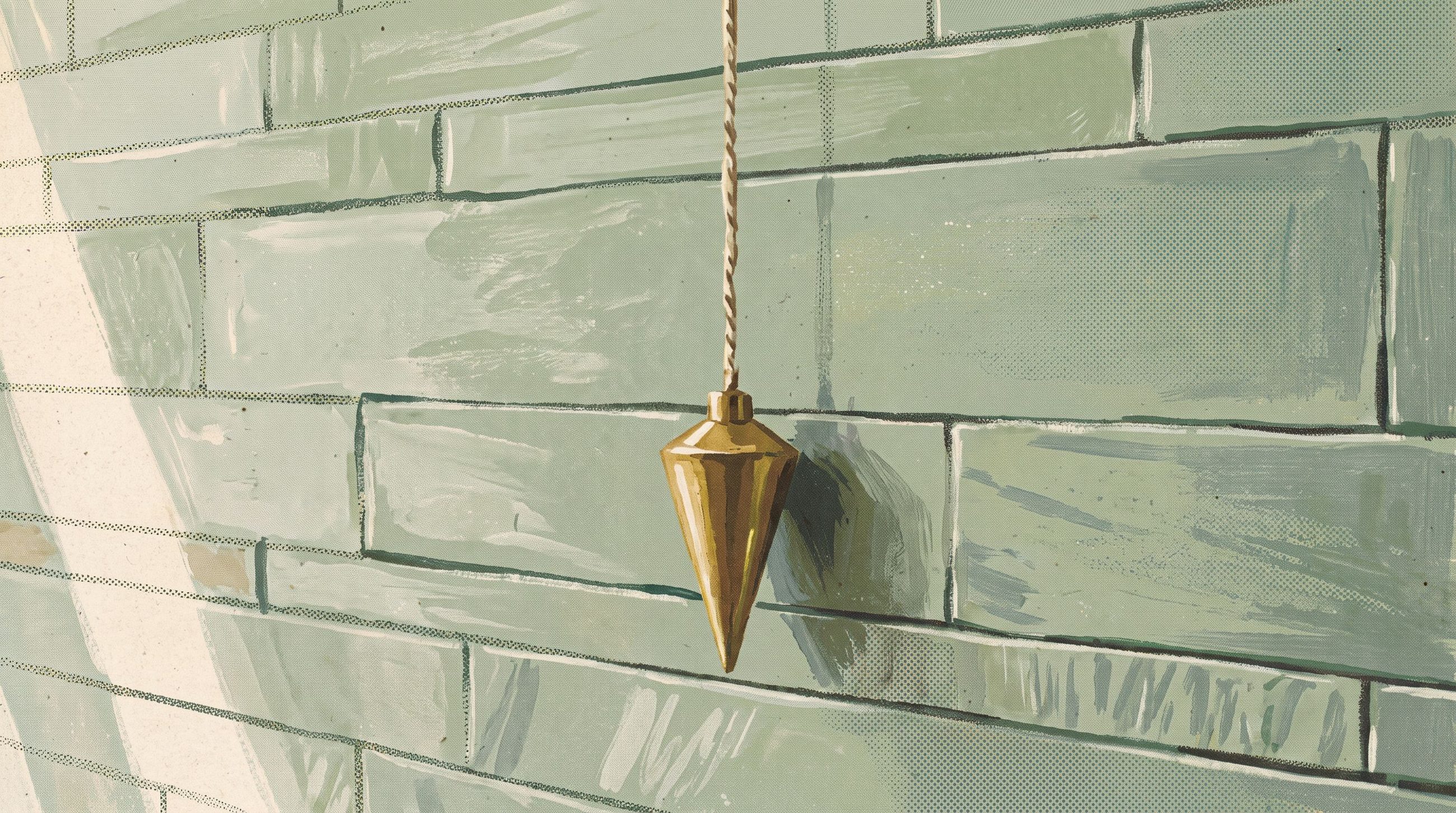 A painted brass plumb bob hanging still in front of a sage stone wall