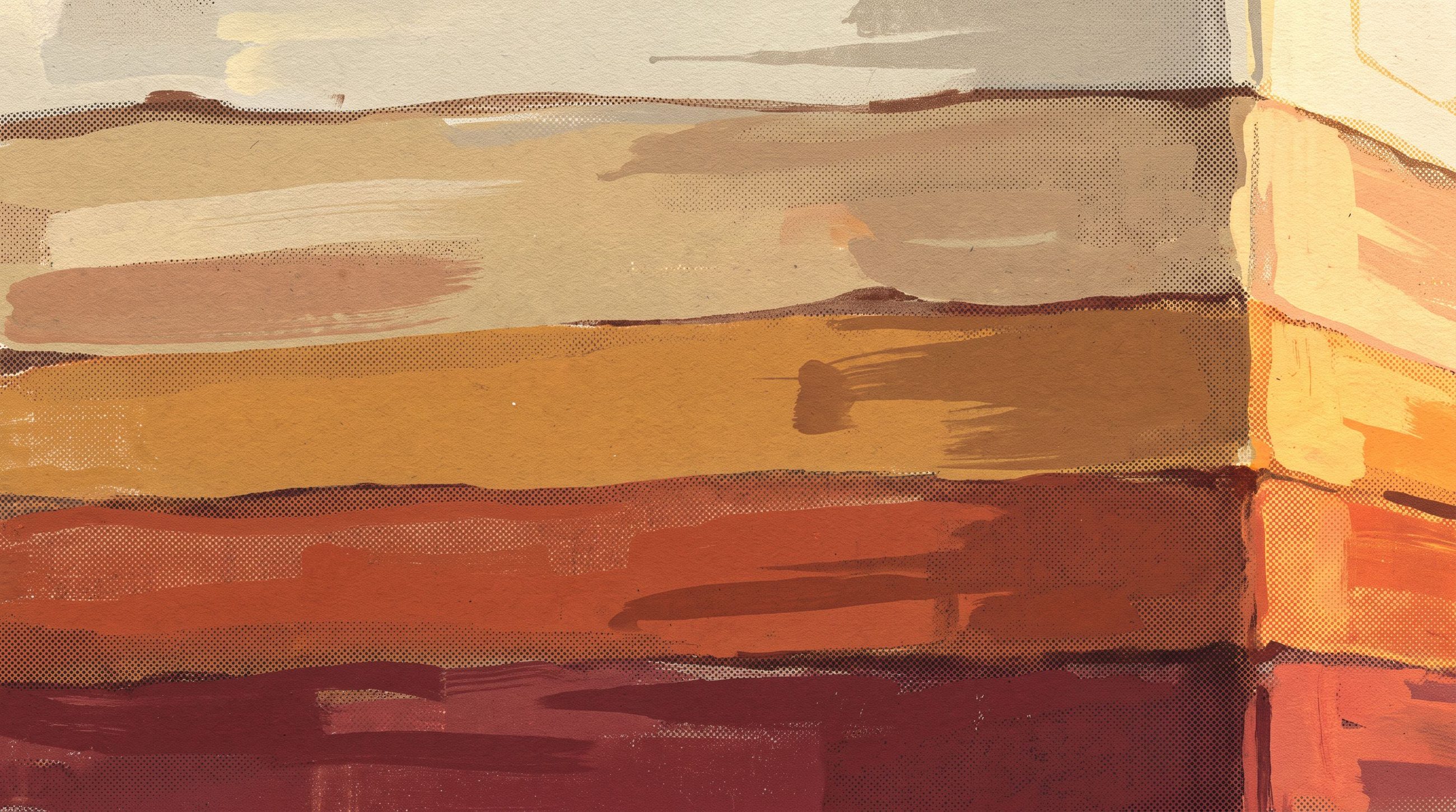 A painted rammed-earth wall of ochre, rust and claret layers