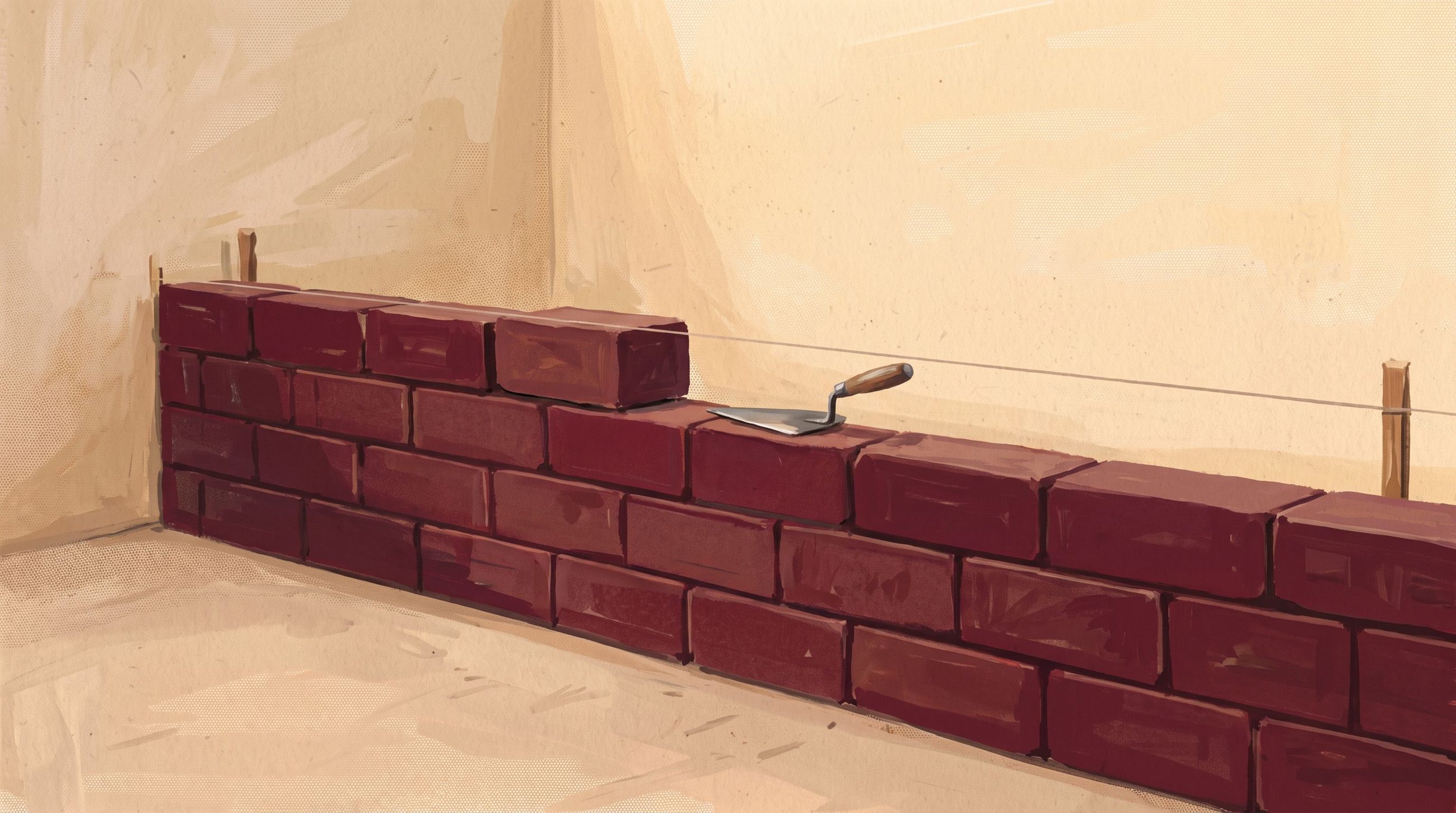 A painting of a half-built claret stone wall with a trowel resting on top and a taut string line