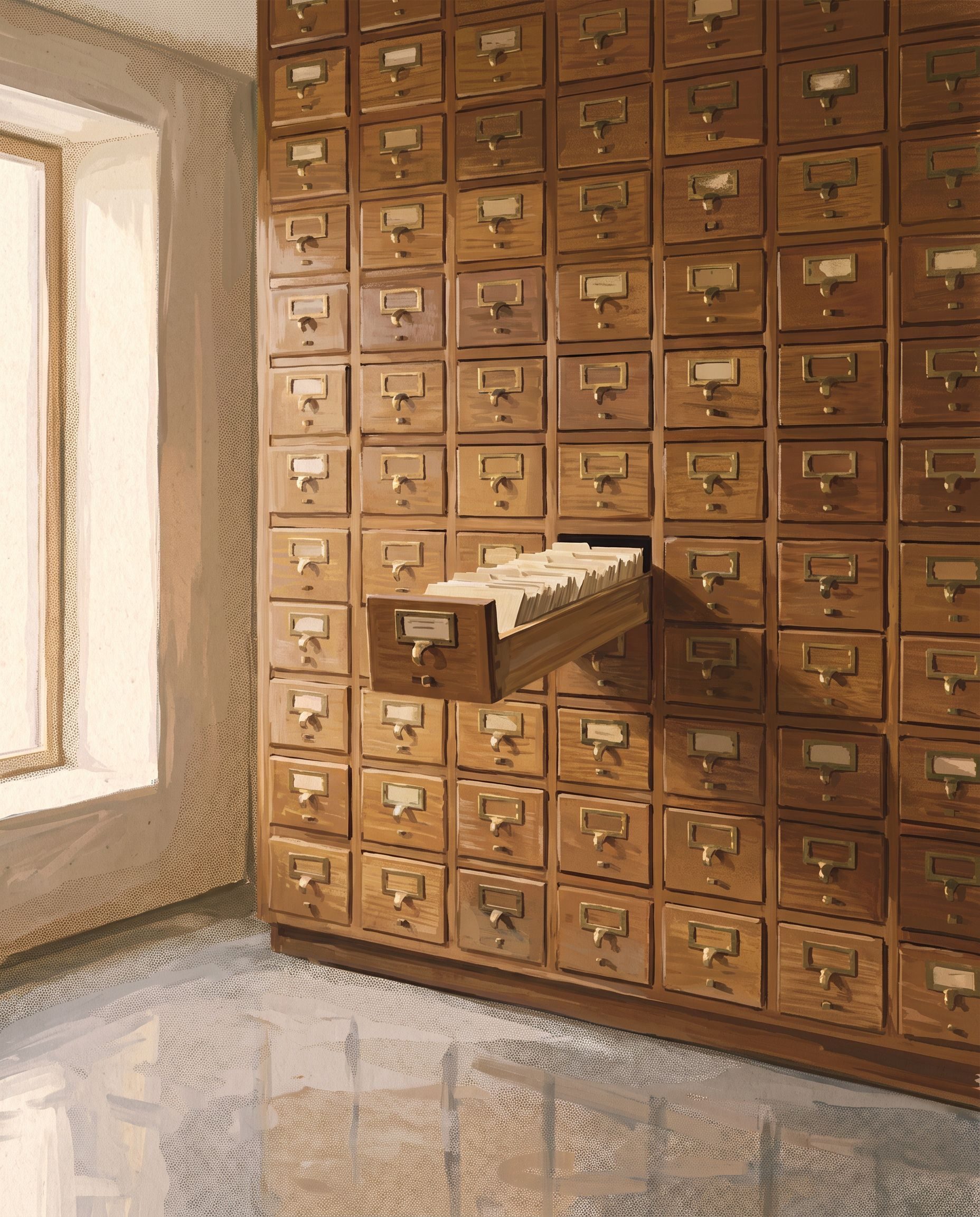 A painting of a wall of oak card-catalog drawers with brass pulls, one drawer half open