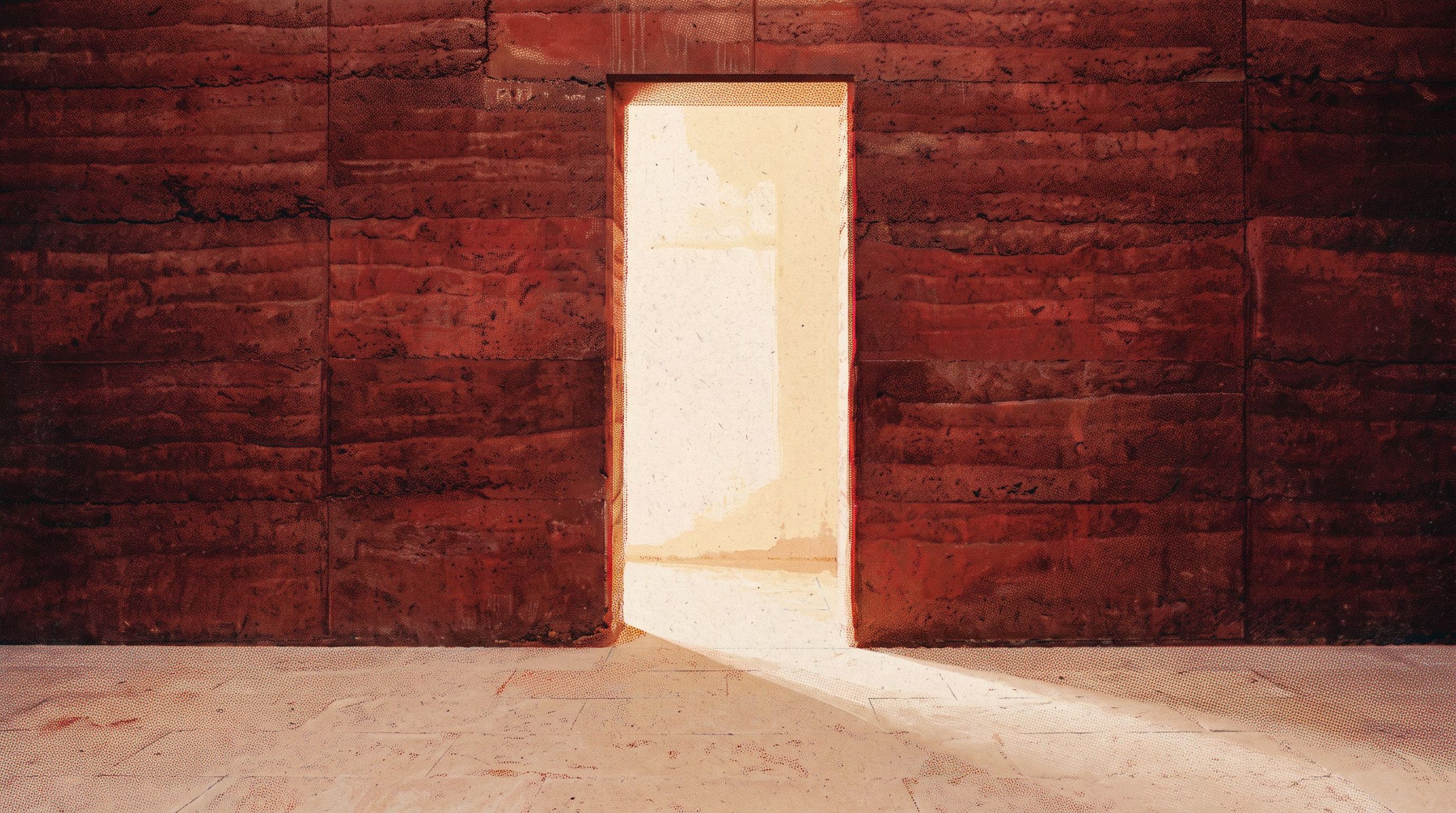 A painted doorway through a thick claret wall, with daylight falling through
